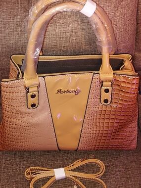 New Patent-Trim Croc-Effect Satchel in Tan
